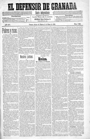 'El Defensor de Granada  : diario político independiente' - Año XVI Número 7164 1ª ed. - 1895 Enero 15
