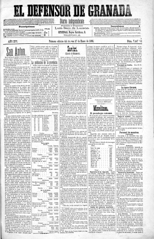 'El Defensor de Granada  : diario político independiente' - Año XVI Número 7167 1ª ed. - 1895 Enero 17