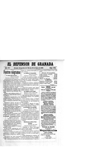 'El Defensor de Granada  : diario político independiente' - Año XVI Número 7173  - 1895 Enero 22