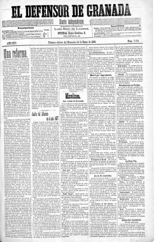 'El Defensor de Granada  : diario político independiente' - Año XVI Número 7174 1ª ed. - 1895 Enero 23