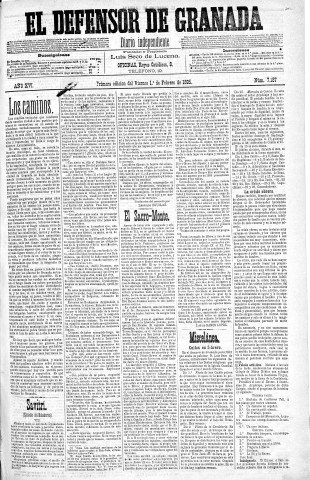 'El Defensor de Granada  : diario político independiente' - Año XVI Número 7187 1ª ed. - 1895 Febrero 01