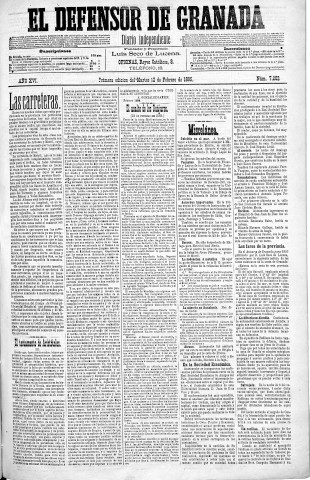 'El Defensor de Granada  : diario político independiente' - Año XVI Número 7202 1ª ed. - 1895 Febrero 12