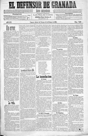 'El Defensor de Granada  : diario político independiente' - Año XVI Número 7206 1ª ed. - 1895 Febrero 15