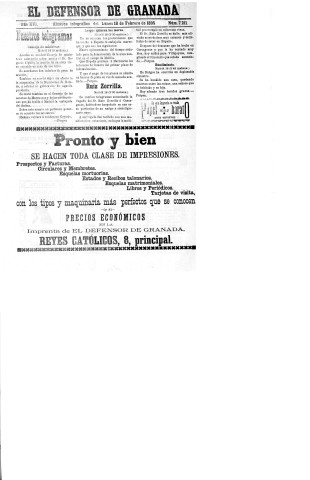 'El Defensor de Granada  : diario político independiente' - Año XVI Número 7211  - 1895 Febrero 18