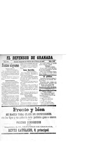 'El Defensor de Granada  : diario político independiente' - Año XVI Número 7212  - 1895 Febrero 19