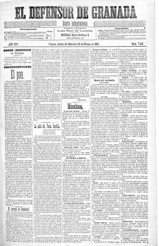 'El Defensor de Granada  : diario político independiente' - Año XVI Número 7213 1ª ed. - 1895 Febrero 20