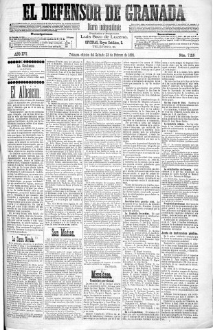 'El Defensor de Granada  : diario político independiente' - Año XVI Número 7219 1ª ed. - 1895 Febrero 23