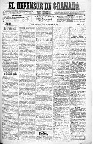 'El Defensor de Granada  : diario político independiente' - Año XVI Número 7223 1ª ed. - 1895 Febrero 26