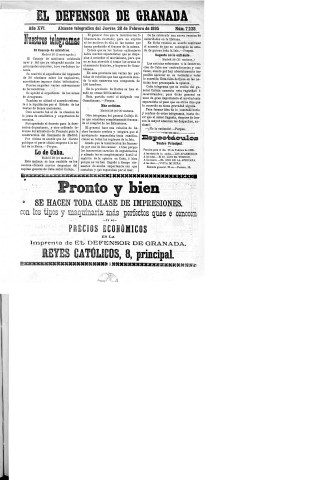 'El Defensor de Granada  : diario político independiente' - Año XVI Número 7228  - 1895 Febrero 28