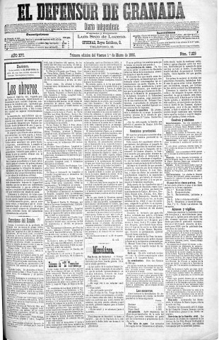 'El Defensor de Granada  : diario político independiente' - Año XVI Número 7229 1ª ed. - 1895 Marzo 01