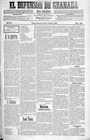 'El Defensor de Granada  : diario político independiente' - Año XVI Número 7236 1ª ed. - 1895 Marzo 07