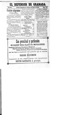 'El Defensor de Granada  : diario político independiente' - Año XVI Número 7241  - 1895 Marzo 09