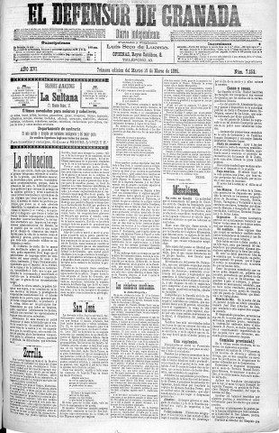 'El Defensor de Granada  : diario político independiente' - Año XVI Número 7253 1ª ed. - 1895 Marzo 19