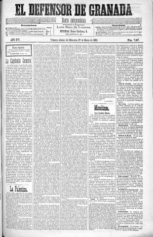 'El Defensor de Granada  : diario político independiente' - Año XVI Número 7267 1ª ed. - 1895 Marzo 27