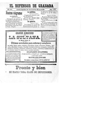 'El Defensor de Granada  : diario político independiente' - Año XVI Número 7272  - 1895 Marzo 29
