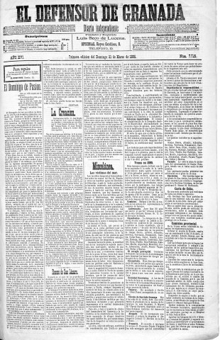 'El Defensor de Granada  : diario político independiente' - Año XVI Número 7275 1ª ed. - 1895 Marzo 31