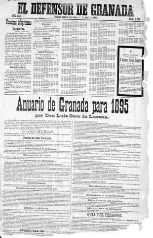 'El Defensor de Granada  : diario político independiente' - Año XVI Número 7281 1ª ed. - 1895 Abril 01