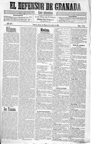 'El Defensor de Granada  : diario político independiente' - Año XVI Número 7726 1ª ed. - 1895 Abril 02