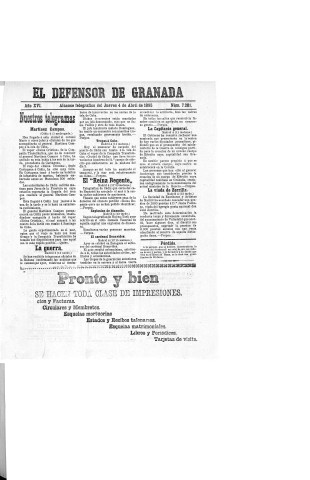 'El Defensor de Granada  : diario político independiente' - Año XVI Número 7780  - 1895 Abril 04