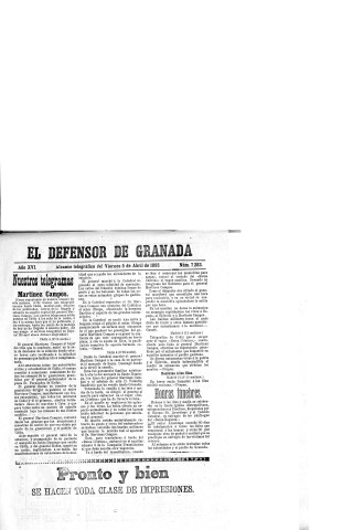 'El Defensor de Granada  : diario político independiente' - Año XVI Número 7283  - 1895 Abril 05