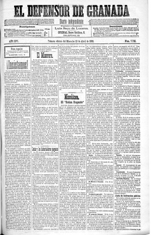 'El Defensor de Granada  : diario político independiente' - Año XVI Número 7238 1ª ed. - 1895 Abril 10
