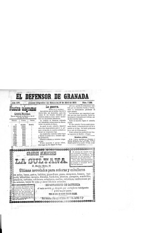 'El Defensor de Granada  : diario político independiente' - Año XVI Número 7289  - 1895 Abril 10