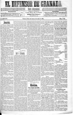 'El Defensor de Granada  : diario político independiente' - Año XVI Número 7740 1ª ed. - 1895 Abril 11
