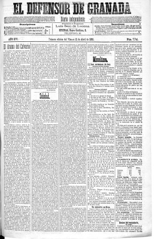 'El Defensor de Granada  : diario político independiente' - Año XVI Número 7741 1ª ed. - 1895 Abril 12
