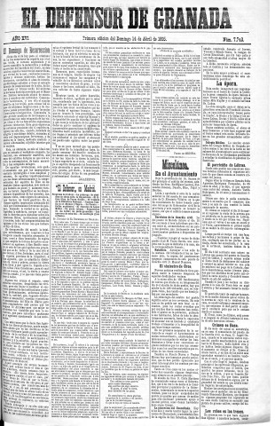'El Defensor de Granada  : diario político independiente' - Año XVI Número 7743 1ª ed. - 1895 Abril 14