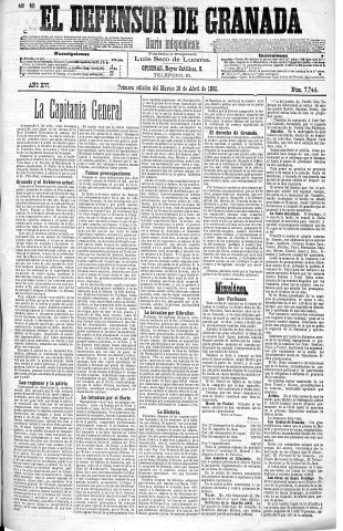 'El Defensor de Granada  : diario político independiente' - Año XVI Número 7744 1ª ed. - 1895 Abril 16