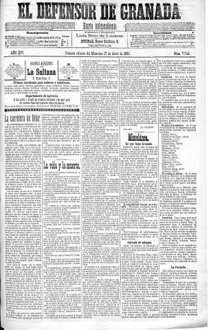 'El Defensor de Granada  : diario político independiente' - Año XVI Número 7745 1ª ed. - 1895 Abril 17