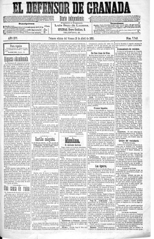'El Defensor de Granada  : diario político independiente' - Año XVI Número 7748 1ª ed. - 1895 Abril 19