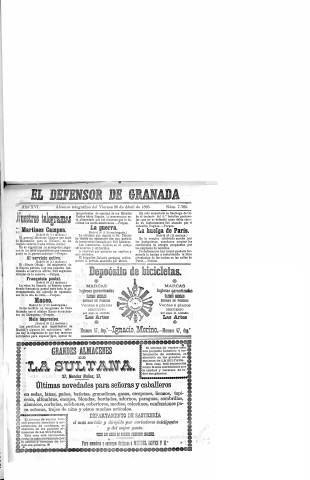 'El Defensor de Granada  : diario político independiente' - Año XVI Número 7760  - 1895 Abril 26