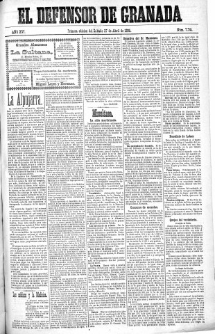 'El Defensor de Granada  : diario político independiente' - Año XVI Número 7761 1ª ed. - 1895 Abril 27