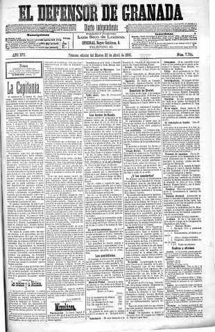 'El Defensor de Granada  : diario político independiente' - Año XVI Número 7764 1ª ed. - 1895 Abril 30