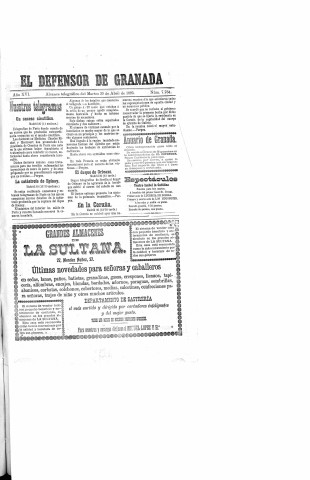 'El Defensor de Granada  : diario político independiente' - Año XVI Número 7764  - 1895 Abril 30