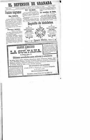 'El Defensor de Granada  : diario político independiente' - Año XVI Número 7766  - 1895 Mayo 01