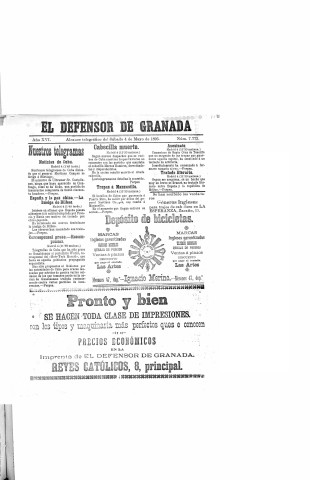 'El Defensor de Granada  : diario político independiente' - Año XVI Número 7773  - 1895 Mayo 04