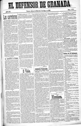 'El Defensor de Granada  : diario político independiente' - Año XVI Número 7777 1ª ed. - 1895 Mayo 08