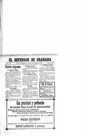 'El Defensor de Granada  : diario político independiente' - Año XVI Número 7790  - 1895 Mayo 16