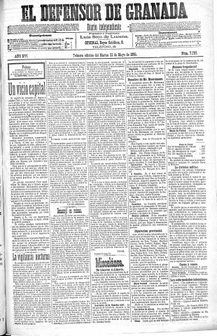 'El Defensor de Granada  : diario político independiente' - Año XVI Número 7797 1ª ed. - 1895 Mayo 21