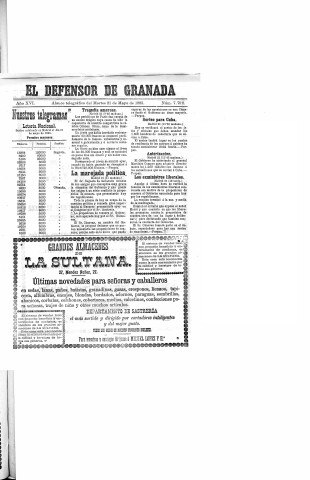 'El Defensor de Granada  : diario político independiente' - Año XVI Número 7798  - 1895 Mayo 21