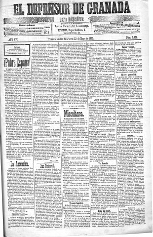 'El Defensor de Granada  : diario político independiente' - Año XVI Número 7800 1ª ed. - 1895 Mayo 23
