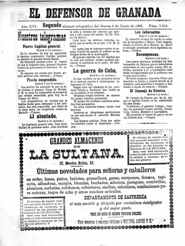 'El Defensor de Granada  : diario político independiente' - Año XVI Número 7818 2ª ed. - 1895 Junio 04