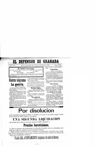 'El Defensor de Granada  : diario político independiente' - Año XVI Número 7824  - 1895 Junio 07