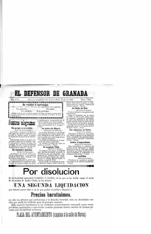 'El Defensor de Granada  : diario político independiente' - Año XVI Número 7841  - 1895 Junio 20