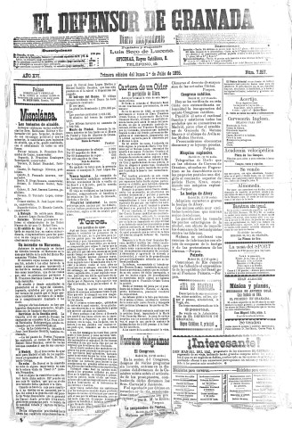 'El Defensor de Granada  : diario político independiente' - Año XVI Número 7857 1ª ed. - 1895 Julio 01