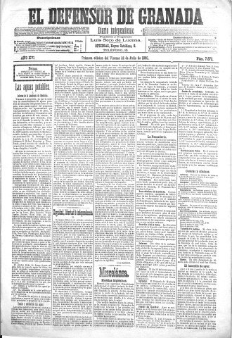 'El Defensor de Granada  : diario político independiente' - Año XVI Número 7872 1ª ed. - 1895 Julio 12