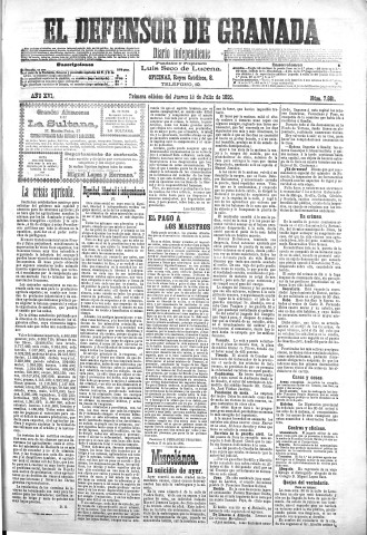 'El Defensor de Granada  : diario político independiente' - Año XVI Número 7881 1ª ed. - 1895 Julio 18