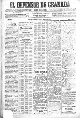'El Defensor de Granada  : diario político independiente' - Año XVI Número 7888 1ª ed. - 1895 Julio 22